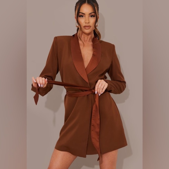 Chocolate Satin Lepel Tie Waist Blazer - Picture 1 of 3